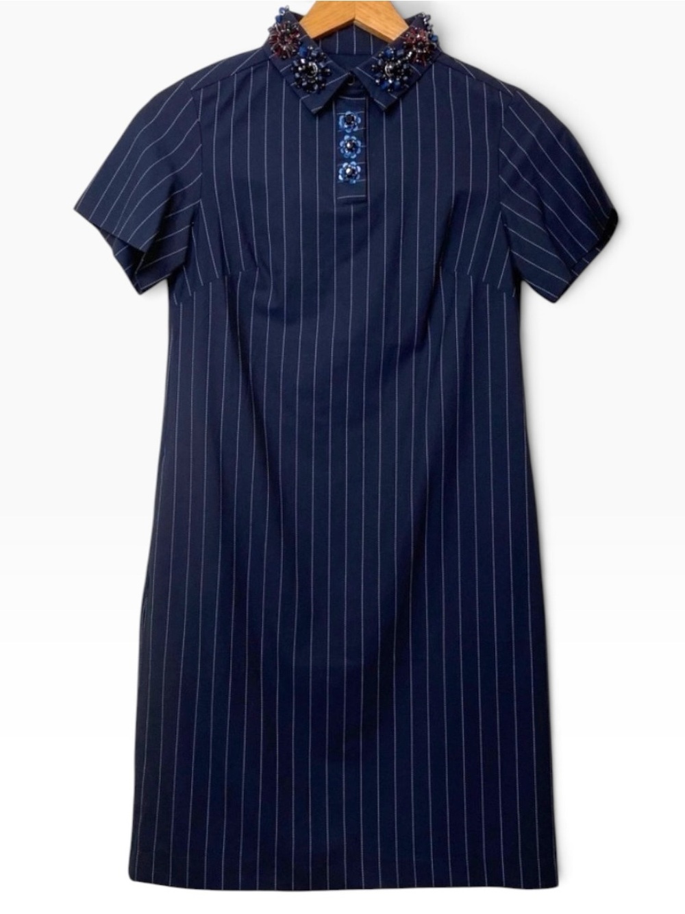 Banana Republic Pinstripe Jeweled Collar Short Sleeve Navy Dress XXS Petite